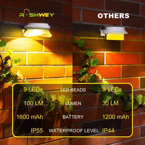 Comparison of 9 LED and 3 LED solar lights on brick wall. Solar Fence Lights Outdoor Waterproof 8 Pack Stainless Steel 30 LED Railing Post Lights.