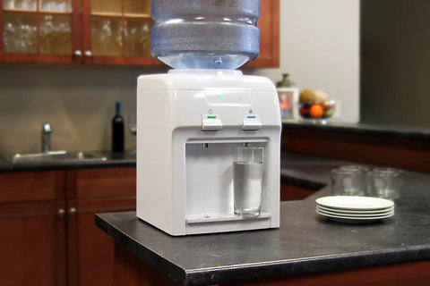Countertop Water Dispenser With Room And Cold Water, White Finish, Dual Spigots, LED Status Lights in a kitchen setting