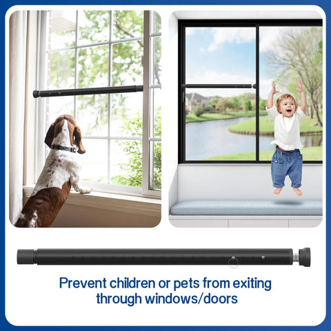 Adjustable Sliding Door And Window Security Bar 17 To 50 Inch Keeps Burglar Out And Kids In Check, dog and child by secured windows.