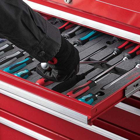 Gloved hand retrieving Tang-Thru Screwdriver Set 8-Piece With EVA Foam Case from red tool chest drawer.