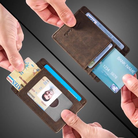 Ultra Slim Front Pocket Leather Wallet With RFID Blocking Minimalist Card Holder Only 0.12 Inch Thick Measures 3.1 X 4.4 Inches Perfect For Everyday Cashless Carry Use Everyday Essentials, showing hands placing cards into card slots