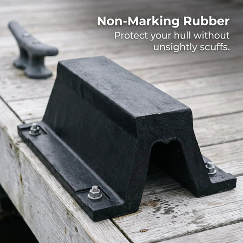 Heavy Duty Rubber Arch Bolt-Down Dock Protection for marinas and pontoon docks installed on wooden dock surface.