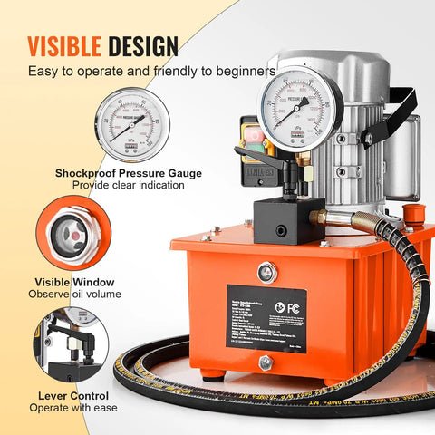Heavy Duty Electric Hydraulic Pump Setup With Extended Remote Hose And Simple Lever Switch High Pressure For Industrial Press And Jack Jobs Workhorse Reliability All Day Long, featuring pressure gauge and control.