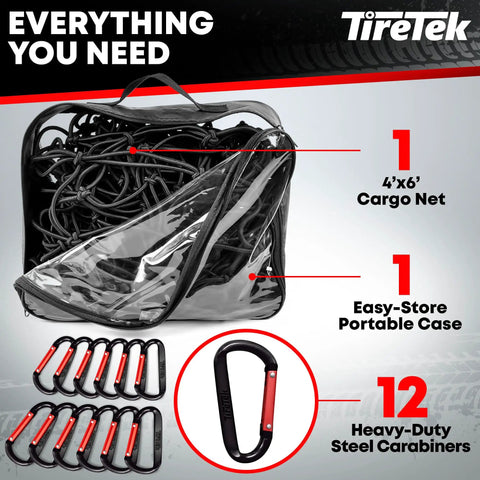 Pro Grade Bungee Cargo Net Rock Hard 5Mm Latex Core 4X6 To 8X12 Double Stretch Mesh Grid with 12 Steel Carabiners in storage bag.