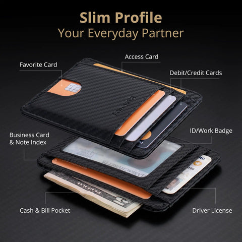 Ultra Slim Front Pocket RFID Blocking Leather Wallet For Men And Women In Carbon Fiber Black with card slots and cash pocket