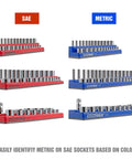 Six Pack Magnetic Socket Organizer Set For 1/4, 3/8, And 1/2 Inch Drive Sockets, SAE And Metric Compatible with red and blue trays