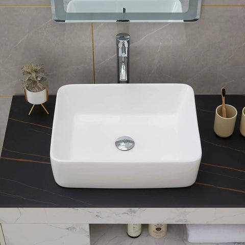 Rectangle Vessel Sink With Pop Up Drain Included For Above Counter Bathroom White Porcelain Ceramic Vanity Basin 14.6 X 18.9 X 5.2 Inches Without Faucet Hole on dark countertop