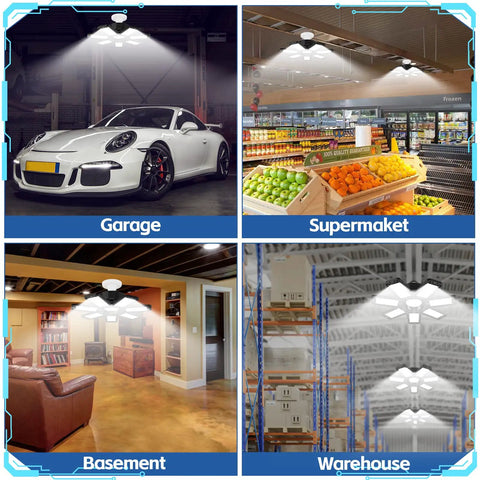 Hella Bright LED Garage Light With 7 Plus 1 Adjustable Panels 6500K in garage, supermarket, basement, and warehouse settings