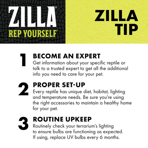 Zilla tip poster with advice on reptile care: become an expert, proper set-up, and routine upkeep for healthy pet environment.