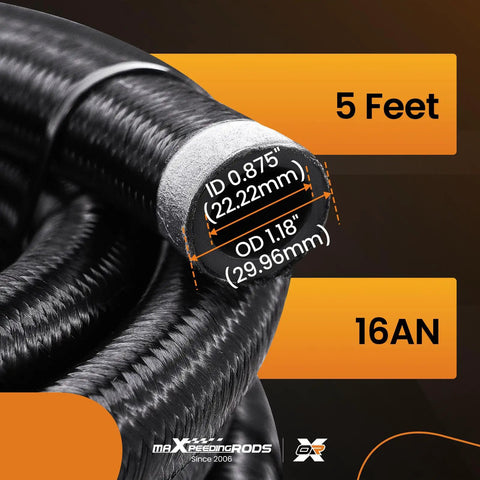 16AN Fuel Line Kit With Nylon Braided CPE Rubber Oil Cooler Lines For Your Ride, 5 Feet Long, showing ID and OD dimensions