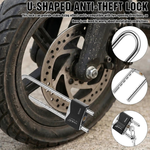 U-shaped anti-theft lock securing a motorcycle wheel, featuring a durable steel build and two opening directions for versatility.