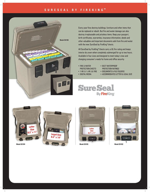 SureSeal Fire Safe With Key Lock UL Rated 30 Minute Fire Protection 1 Meter Waterproof For 48 Hours Portable Home Safe For Documents And Valuables Taupe Metal Chest With Lockable Security 6.5 x 15.9 x 12.4 Inches showing open compartments with documents and media inside.