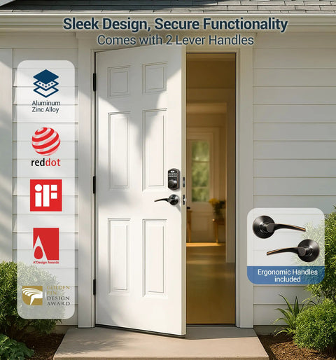 Fast Unlocking Fingerprint Door Lock With Two Lever Handles installed on white door, showcasing keyless entry and design awards.
