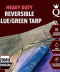 Heavy duty reversible blue and green tarp displaying superior durability, 100% waterproof, UV and weather resistance signs.