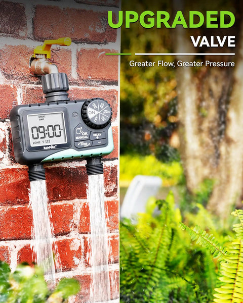 Two Zone Garden Hose Water Timer With Rain Delay And Manual Watering on brick wall, showing dual flow and upgraded valves