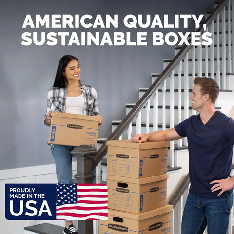 Hassle Free Small Moving Boxes With Reinforced Handles And Lift Off Lids Tape Free Assembly Heavy Duty Cardboard Carriers stacked on stairs.