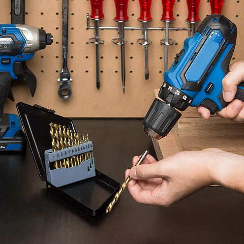 Left-Hand Drill Bit Set, Go-To Titanium Nitride Coated High-Speed Steel Bits, Reverse-Twist Design, 13-Piece Kit in box near drill