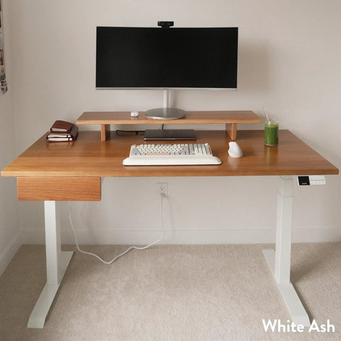 Straight Up Solid Hardwood Ergonomic Standing Desk With Sleek Dual Drawers For Chill Work From Home Setup And Premium Walnut Gray Finish You Will Definitely Love with a monitor and keyboard.