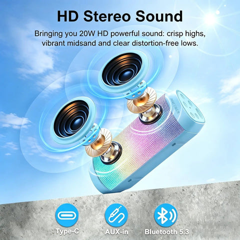 Powerful Portable Wireless Bluetooth Speaker With Stereo Sound LED Lights And Long 36 Hour Battery Life IPX4 Waterproof BT53 TWS Pairing Built In Mic Ideal For Outdoors Home Parties And Travel Powder Blue Gift