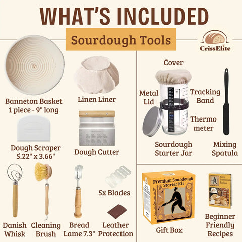 Ultimate Sourdough Starter Kit For Beginners with 9-inch Banneton Basket, 24oz Glass Starter Jar, Danish Dough Whisk, and recipe book image