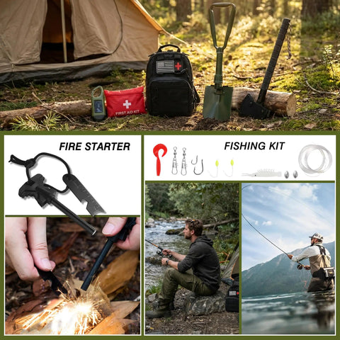 All Terrain Survival Gear Kit With First Aid Supplies And Tactical Crossbody Bag For Camping Hiking And Bug Out Readiness Includes Tent Axe Folding Shovel Fire Starter Fishing Kit