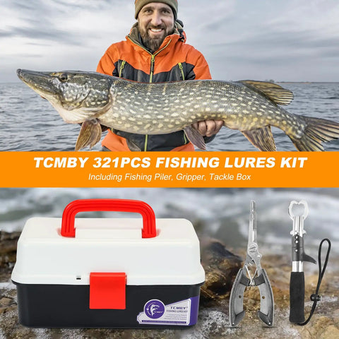 3 Layer Tackle Box With Tackle Included, 321 Pcs Lure Kit Packed With Pliers, ideal for bass fishing, shown by fisherman with catch.