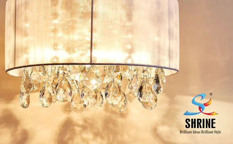 Close-up of Dope Modern Crystal Chandelier Ceiling Light Fixture With White Fabric Shade And Chrome Finish, crystals detail