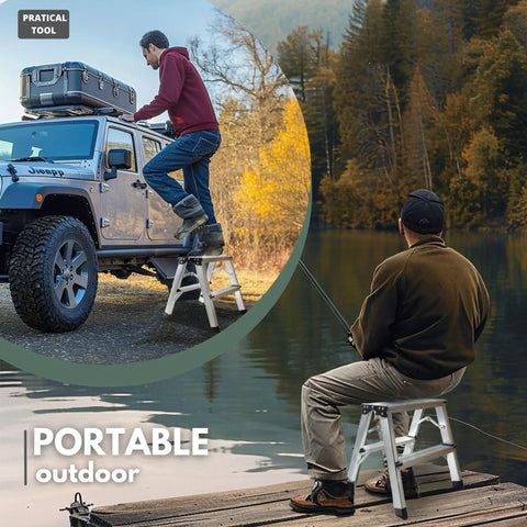 2 Step Aluminum Folding Ladder For Home And Kitchen, Grab And Go Lightweight Portable Step Stool With Wide Pedals, Compact Metal Ladder For RV And SUV, Garage Use, Supports Up To 330 Lbs, used for fishing and SUV access