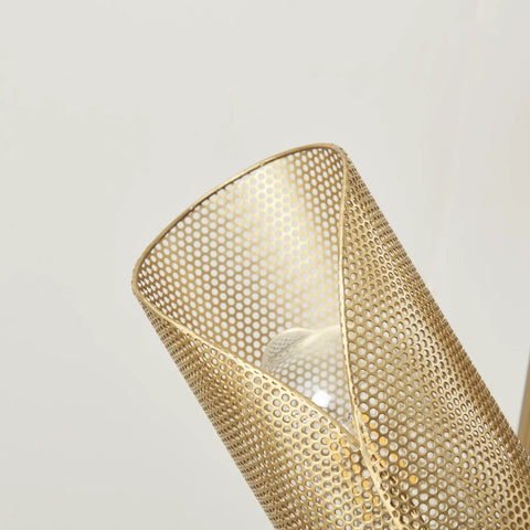 Close-up of LED Tree Floor Lamp With 3 Light Heads In Brass Finish, showcasing the metal cage shade detail.