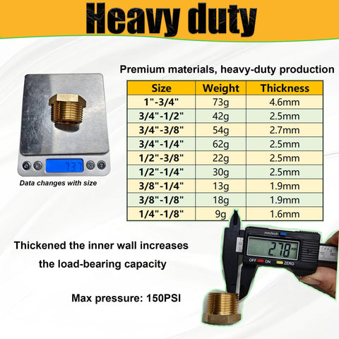 Heavy duty brass reducer bushing 3/8 to 1/4 with weight and size chart displayed, max pressure 150 PSI, enhanced load-bearing capacity.