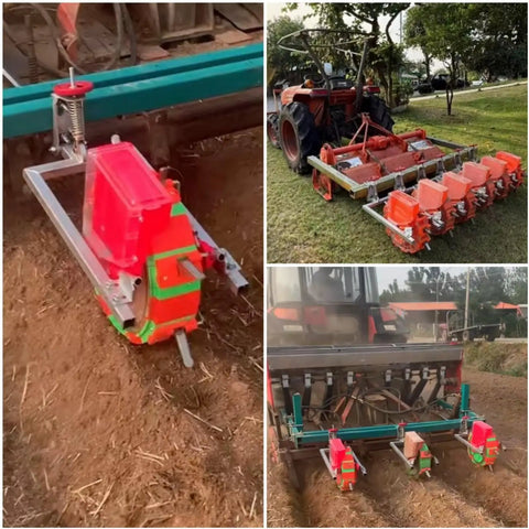 3 Point Hitch Tractor Seed Planter With Eight Seed Plates mounted on a tractor with adjustable row spacing and depth.