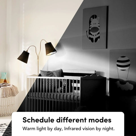 Lit Night Vision Color LED Bulb E26 Smart RGBW illuminating a nursery with warm light and infrared setting for security at night.