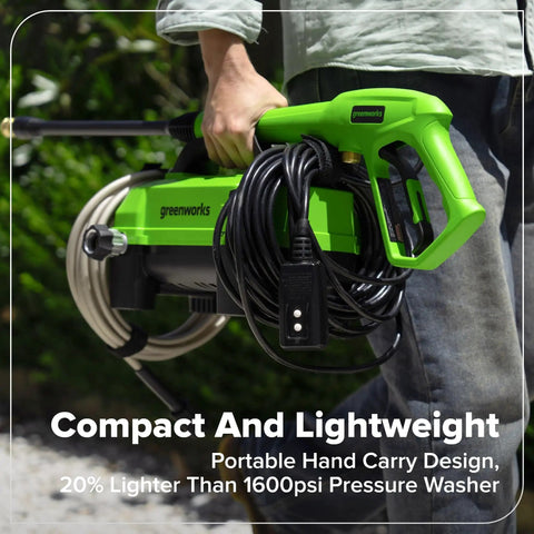 Person holding Ultra Compact 1700 PSI 1.2 GPM Pressure Washer For Quick No Fuss Home Cleaning And Patio Care Lightweight Tool