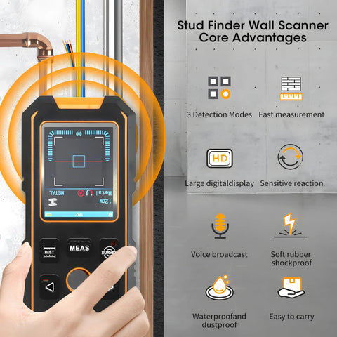 Stud Finder Wall Scanner All In One Handy 5 In 1 With Wood Stud Cable Metal Detection And Laser Distance LCD Display And Voice Alerts Smart Sensor Digital Level 40M Range handheld wall scanner with LCD, voice alerts, and measurement buttons