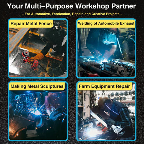 Collage of tasks using Handheld MIG Welder For DIY And Auto Repair Flux Core Pro Grade Gasless Welder With Overheat