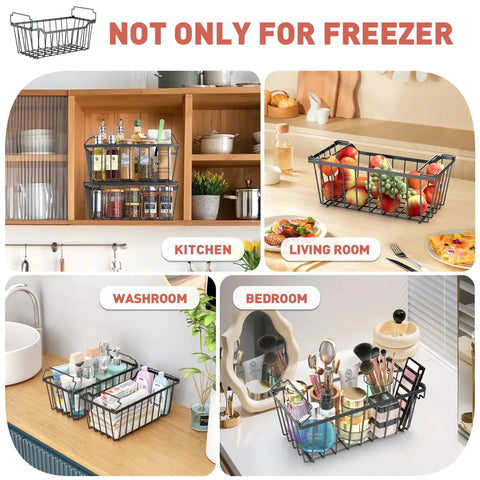 Real Game Changer Freezer Storage System Four Pack Black Bins Designed For Deep Freeze Organization Keep Your Frozen Food Stash Hella Neat And Effortlessly Organized displayed in various home settings.