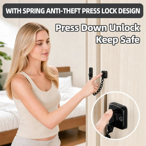 Premium Heavy Duty Door Chain Lock, Matte Black Security Gate Latch With Spring Loaded Antitheft Press Lock in use.