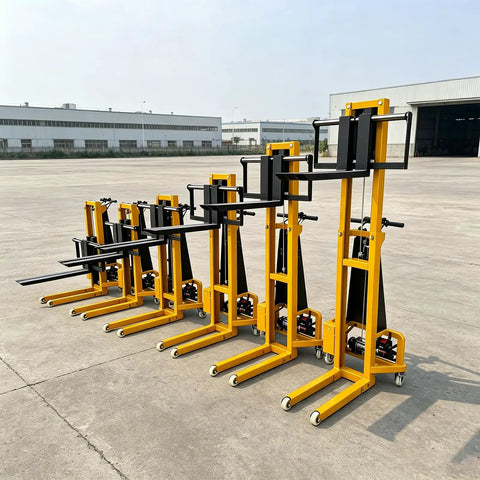 Heavy Duty Electric Pallet Lift Stacker With Remote Controlled Height Tweaking and Wide Forks for No Sweat Home Moving Garage Organizing and Easy 660 Pound Heavy Load Handling lined up outdoors.