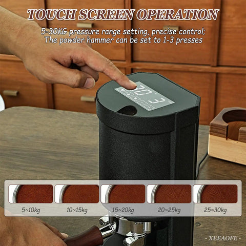 Straight Up Automatic Espresso Tamper 58mm Coffee Press With Digital Touchscreen showing pressure settings and operation.