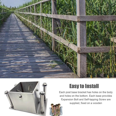 Built Tough Stainless Steel Square Fence Post Anchor Base With Heavy Duty Hardware For Concrete Or Wood Deck Yard Upgrade Rock Solid Railing Bracket System 85Mm X 85Mm 2 Pack on a wooden path.