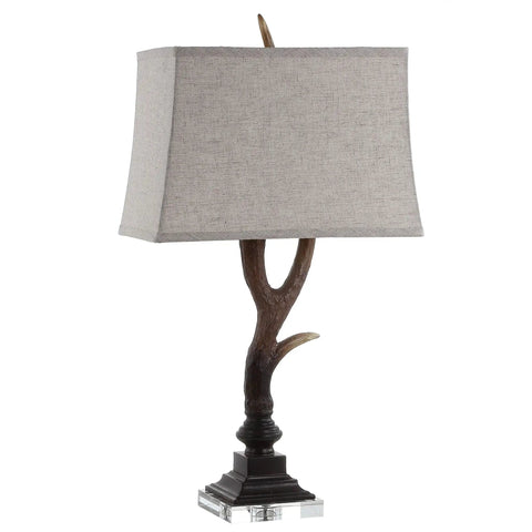 Rustic 29.5 Inch Antler Table Lamp With Brown Clear Faux Resin And Crystal Base Light Grey Linen Shade LED Bulb Included UL Listed