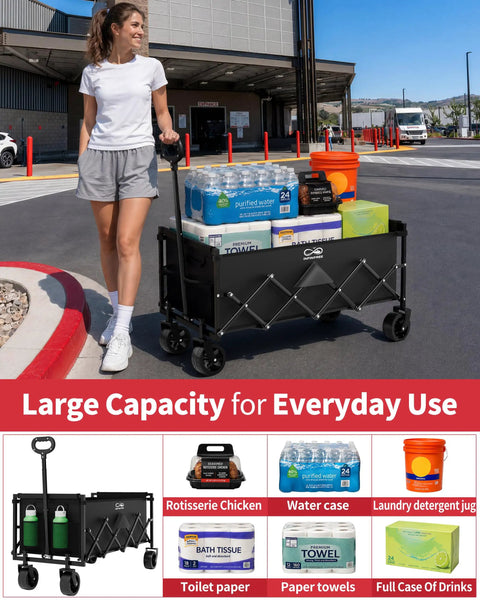 Person using 34 Inch Extra Long Foldable Wagon With All Terrain Wheels, 260 Lb Capacity, Heavy Duty Collapsible Utility Cart, Black