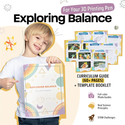 Balancing Bird And 4-In-1 Space Mobile STEM Kit For 3D Pens, boy holding 60-page guide and template booklet