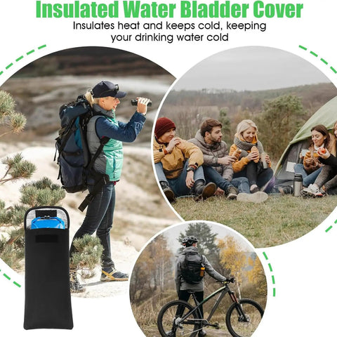 3L Hydration Bladder with insulated leakproof reservoir for backpacks, hikers with water on trail, camping group at tent, cyclist