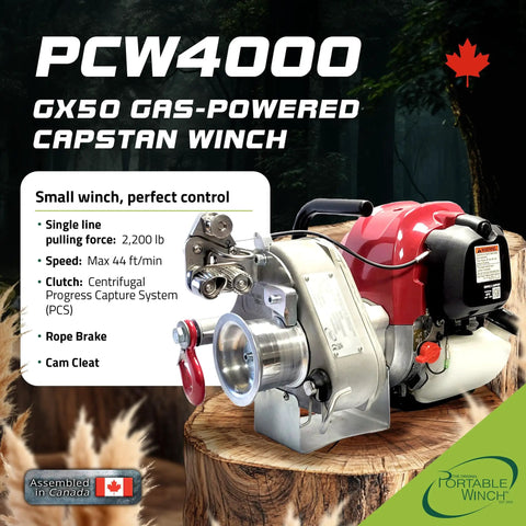 Gas-powered capstan winch designed for towing, weighing 26 pounds with 2200 pound pull capacity for outdoor adventures.