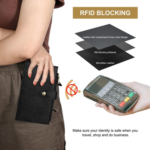 Woman holding RFID Blocking Wallet For Women Large Capacity Bifold Card Holder next to a payment terminal
