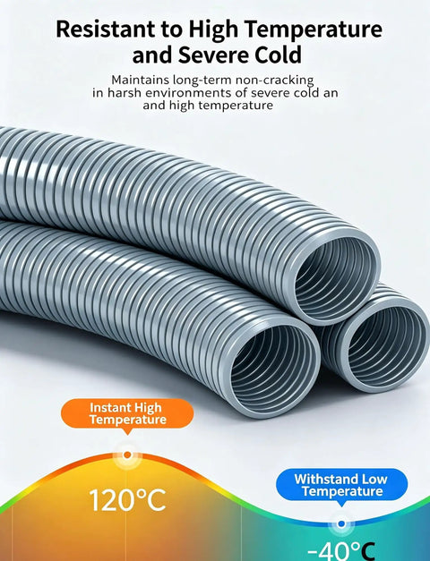 Heavy Duty Flame Resistant Corrugated Cable Conduit Featuring Flexible Wire Cover Sleeves In Slick Gray Double Wave Build, resistant to high and low temperatures.