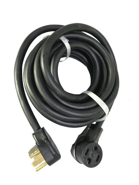 Beefy 26ft 3in 30A NEMA 14 30 Extension Cable With 100 Percent Copper Conductors coiled, showing plug and connector ends
