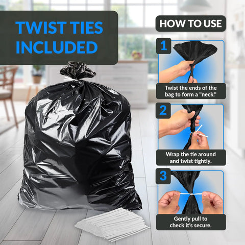 Beefed Up 95 Gallon Black Trash Bags With Twist Ties 68 Count 60x66 Inches Leak Proof Star Seal with instructions on use.