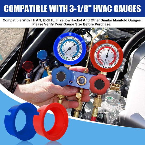 Gotta Have These Premium Rubber HVAC Gauge Boots That Fit Tight Around 3 1/8 Inch AC Manifolds To Shield Prized Refrigerant Dials From Rough Drops Solid Shop Quality Pack Of Two next to a gauge.